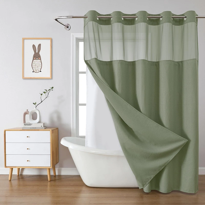 eachope SageGreen Long No Hook Waffle Weave Shower Curtain with snap-in Liner Replacement, 230GSM Waterproof Fabric Hotel Shower Curtain Set for Bathroom, Through Mesh Top Window,71Wx80H