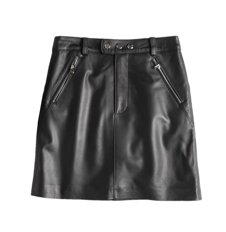 Genuine Leather Sexy Mini Skirt Women Spring High Waist Buttons A-Line Skirt Black