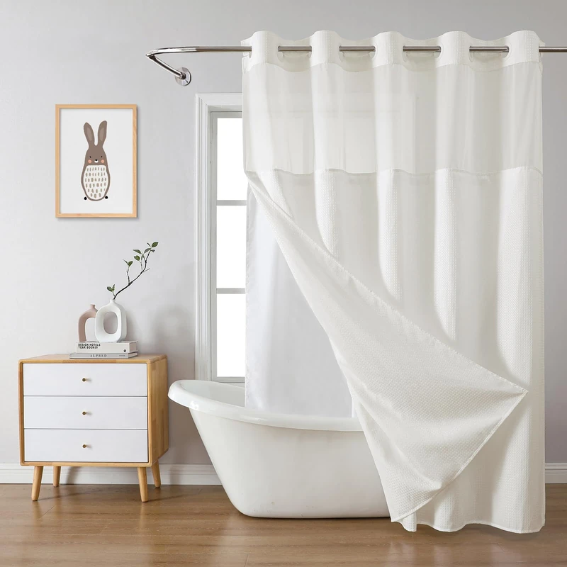 eachope Cream No Hook Waffle Weave Shower Curtain with snap-in Liner Replacement, 230GSM Waterproof Fabric Hotel Shower Curtain Set for Bathroom, Through Mesh Top Window,71Wx77H