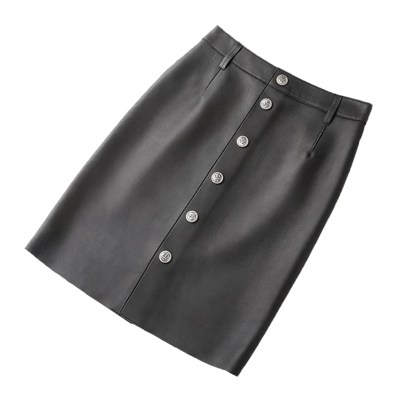 Women Genuine Leather Mini Skirt Ladies Sheepskin A-Line High Waist Wrap Skirt Black