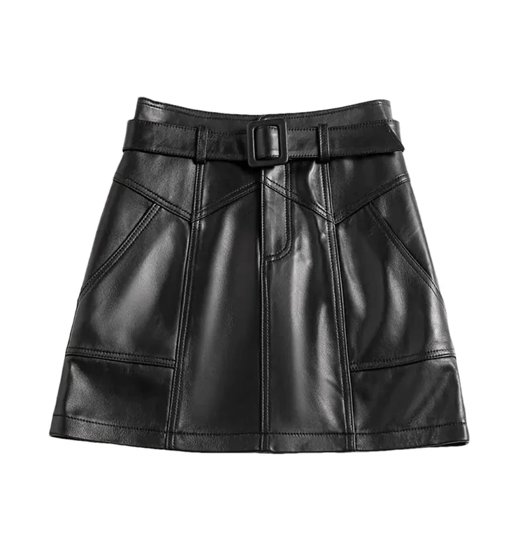 Women Faux Leather A-Line Skirt Solid Short Casual Stretch A-Line Mini Skirts Spring Black