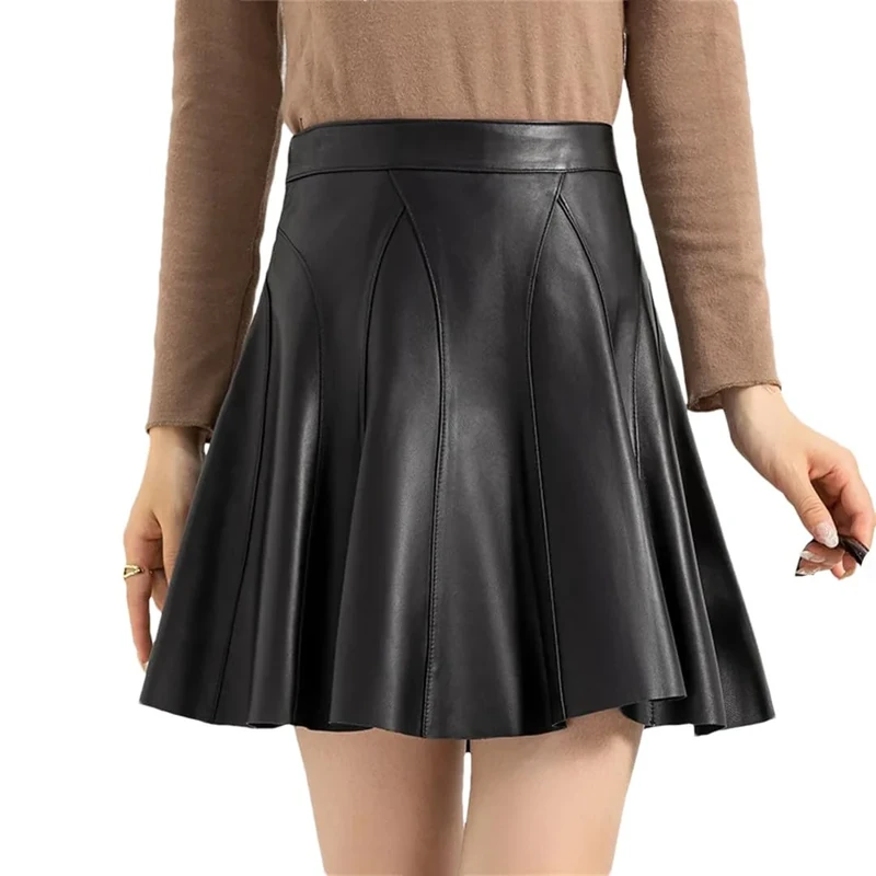 Black Sheepskin Pleated Short Skirt Women Real Leather High Waist Slim Mini Skirt