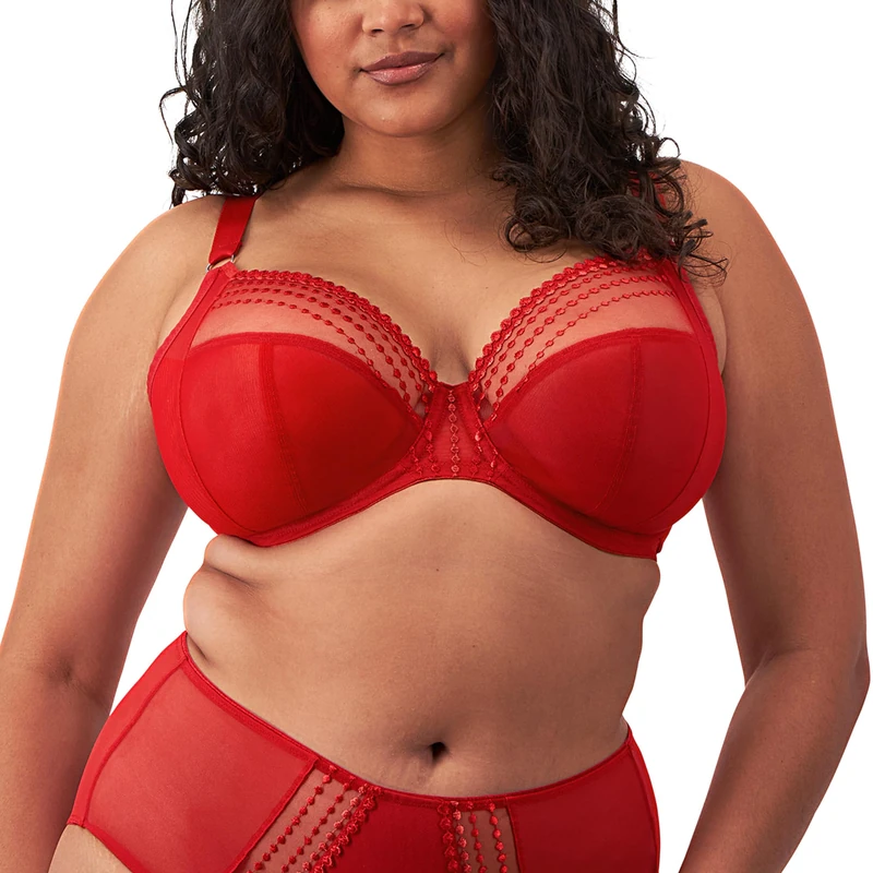 Elomi Women's Matilda Plunge Three-Piece Sheer Mesh Cups Side Support Moveable J-Hook for Racerback Dd+ Bras Full Coverage, Opaque, Red, 36DD
