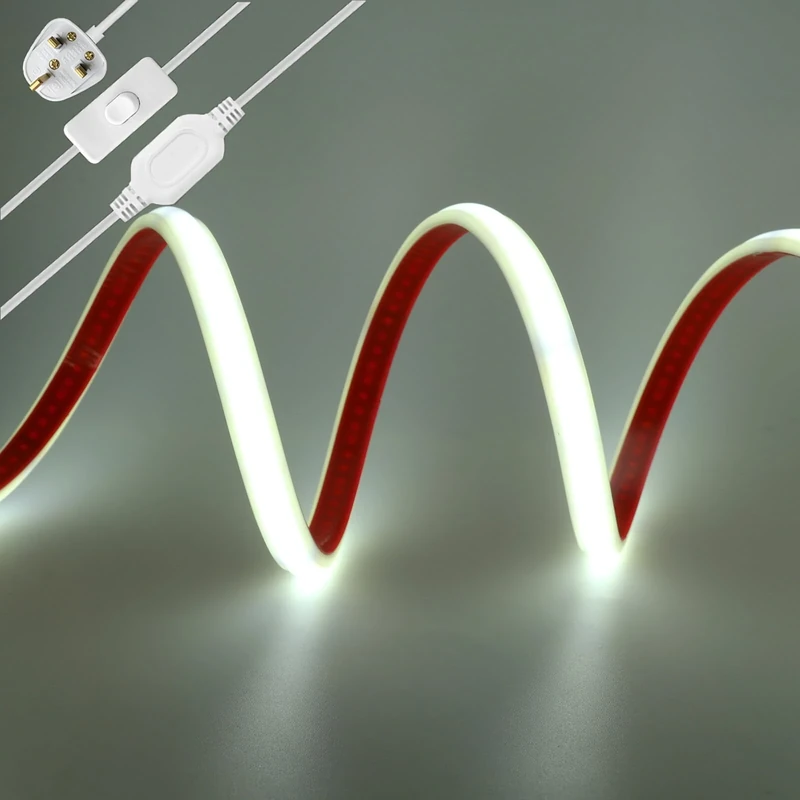 KAFULA 220V COB LED Strip with On/Off Switch [20m, White 6000-6500K], IP65 Waterproof Flexible, 240 LEDs/M Cuttable FCOB LED Neon Strip CRI85+, DIY Decorative Lighting for Home and Stores