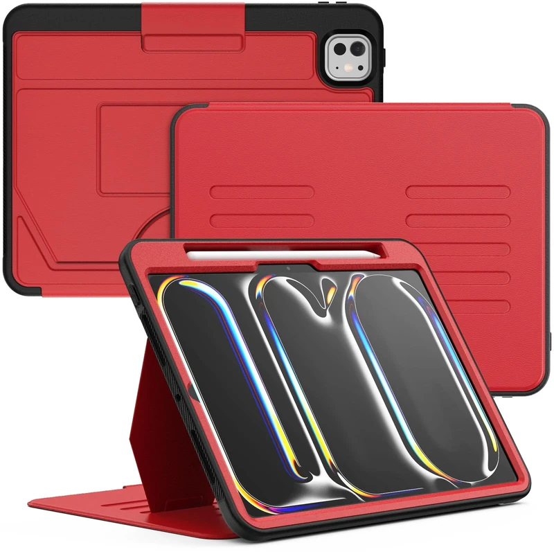 SEYMCY Case for iPad Pro 11 Inch 2025(M5)/2024(M4) (Not suitable for 2018~2022 versions), Smart Cover with 5-angle Magnetic Stand, Auto Sleep/Wake, Pencil Holder, Card Slots, Red