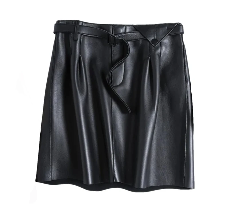 Genuine Leather Sexy Mini Skirt Women Spring High Waist Buttons Retro A-Line Skirt Belt Black