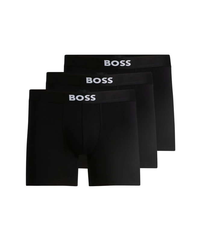 BOSS Mens BoxerBr 3P ONE Three-Pack of Logo-Waistband Boxer Briefs in Stretch Cotton Black