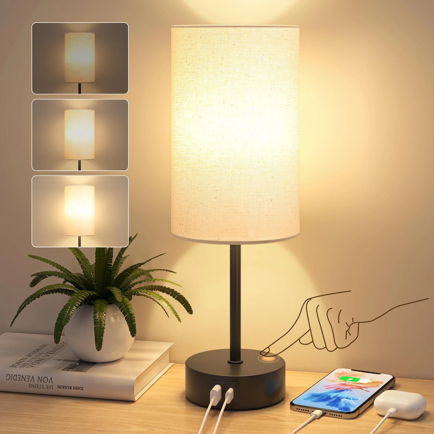 STANBOW Bedside Lamps Touch Control, 3-Way Dimmable Table Lamp with USB A+C Charging Ports (Black Base-Beige Shade)
