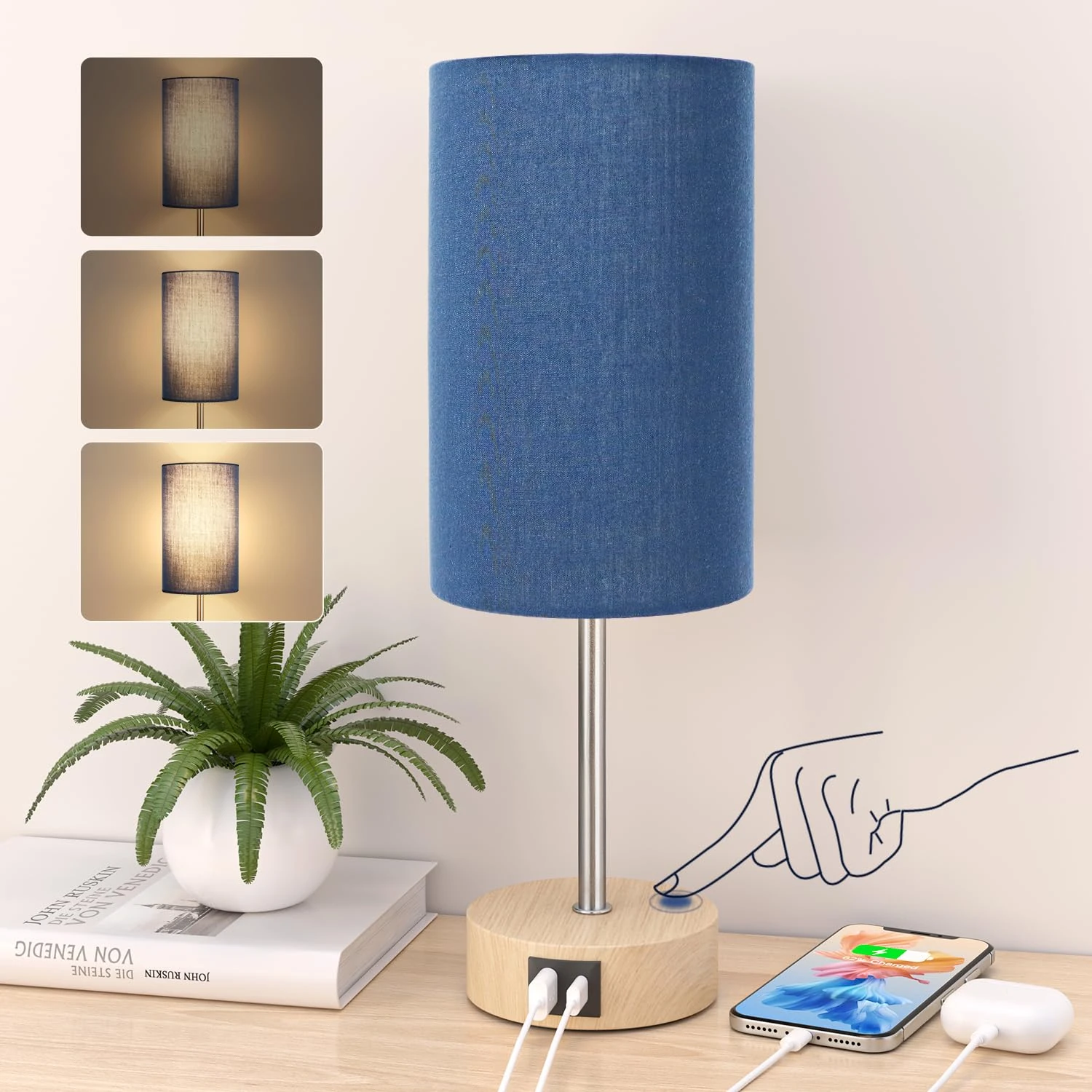 STANBOW Bedside Lamps, Touch Lamps Bedside with USB A+C Charging Ports, 3-Way Dimmable LED, Table Lamps for Living Room Bedroom Gift with Blue Shade-Wood Base (LED Bulb Included)