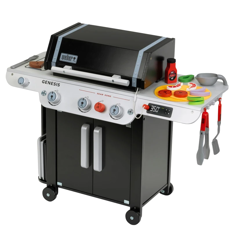 Theo Klein 9445 Weber Genesis barbecue made of wood - Includes inserts for steak, pizza and vegetables - With toy food and barbecue utensils - Toy for children aged 3 and over