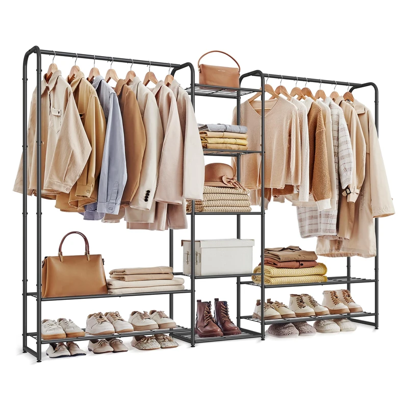 SONGMICS Clothes Hanger, Open Wardrobe, Clothes Rail, Clothes Rack with Storage Shelves, Metal Wardrobe, Freestanding, Matt Black LGR463B01