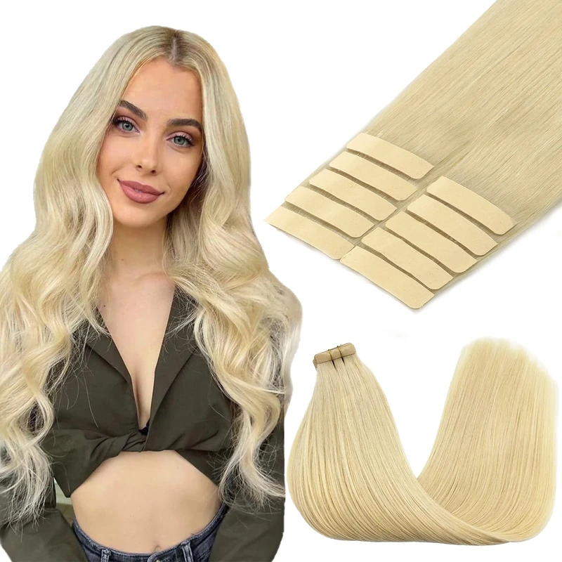 GOO GOO Tape in Hair Extensions human hair, tape Hair Extensions, 18inch 25g 10pcs, Human Hair Extensions, 613R1 Bleach Blonde