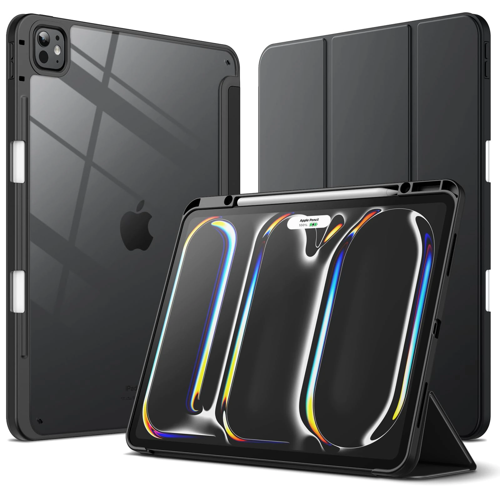 JETech Case for iPad Pro 13-Inch M5/M4 (2025/2024) with Pencil Holder, Clear Transparent Back Shell Slim Stand Shockproof Tablet Cover, Auto Wake/Sleep (Black)