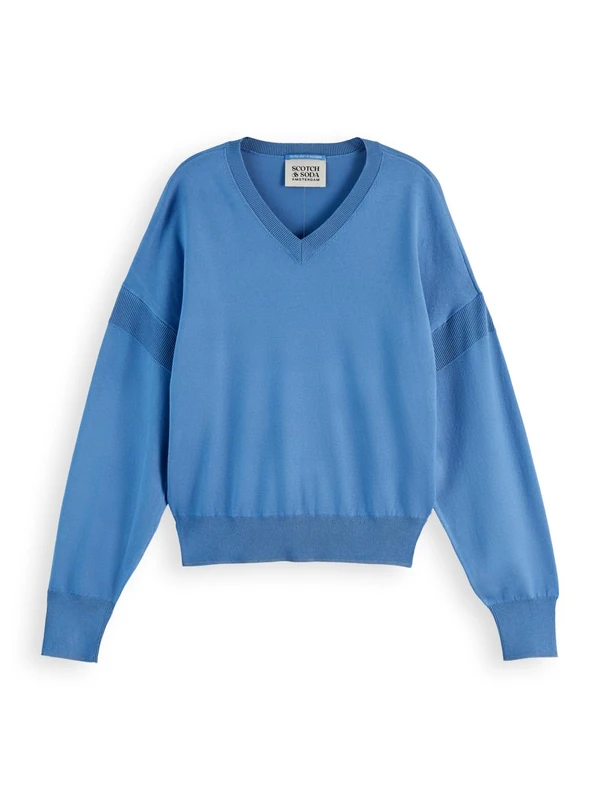 Scotch & Soda Women's V-Neck Relaxed Pullover Sweater, Lake-Blue, XS