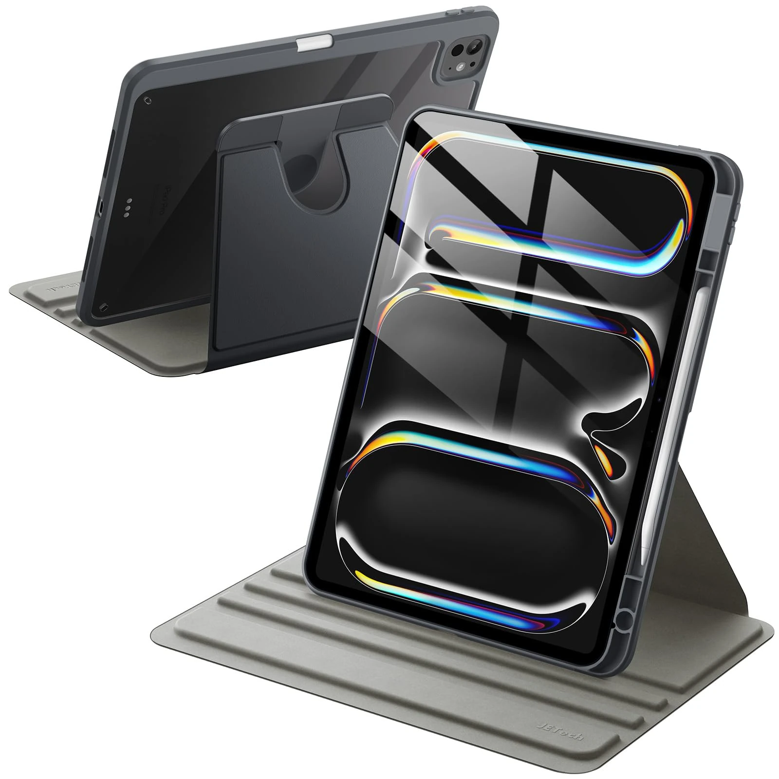JETech Rotating Case for iPad Pro 13-Inch M5/M4 (2025/2024) with Pencil Holder, 360 Degree Rotation Protective Stand Cover Clear Back, Auto Wake/Sleep (Space Gray)