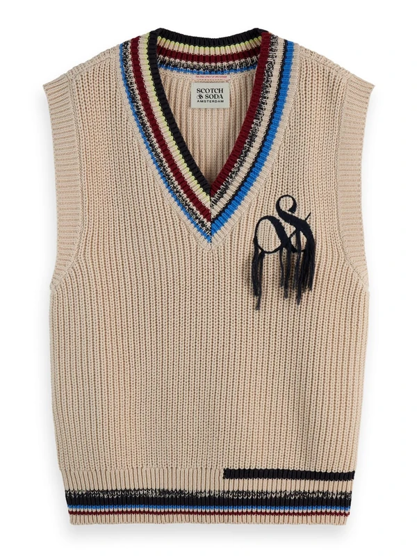 Scotch & Soda Women's Stripe Trim Knitted Spencer Sweater Vest, Light Calico, S
