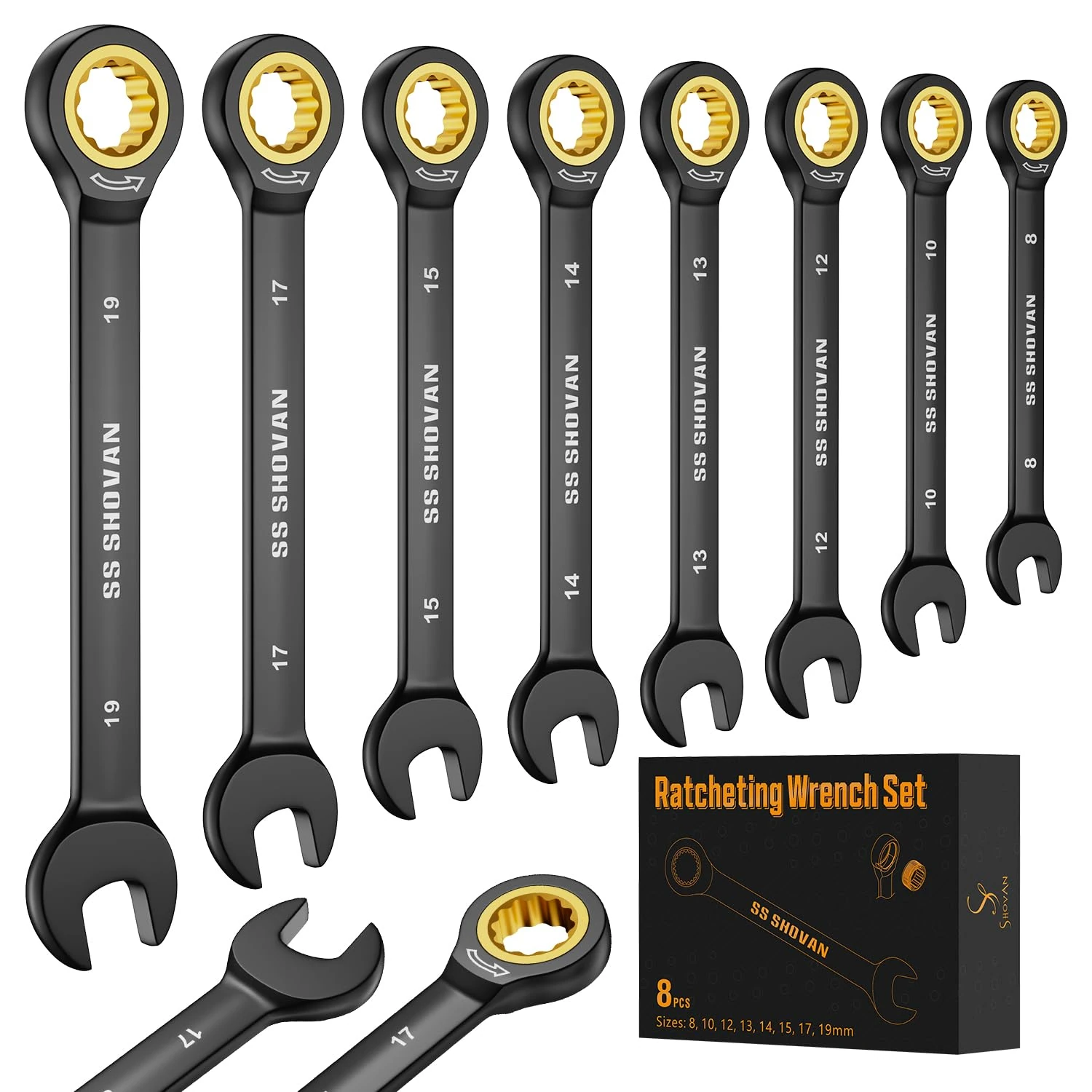 8PCS Ratchet Spanner Set 8-19mm, Combination Spanner Set with 72 Tooth Ratchet Gear, Chrome Vanadium Steel Hand Tools with Storage Box, Metric Size 8, 10, 12, 13, 14, 15, 17, 19mm