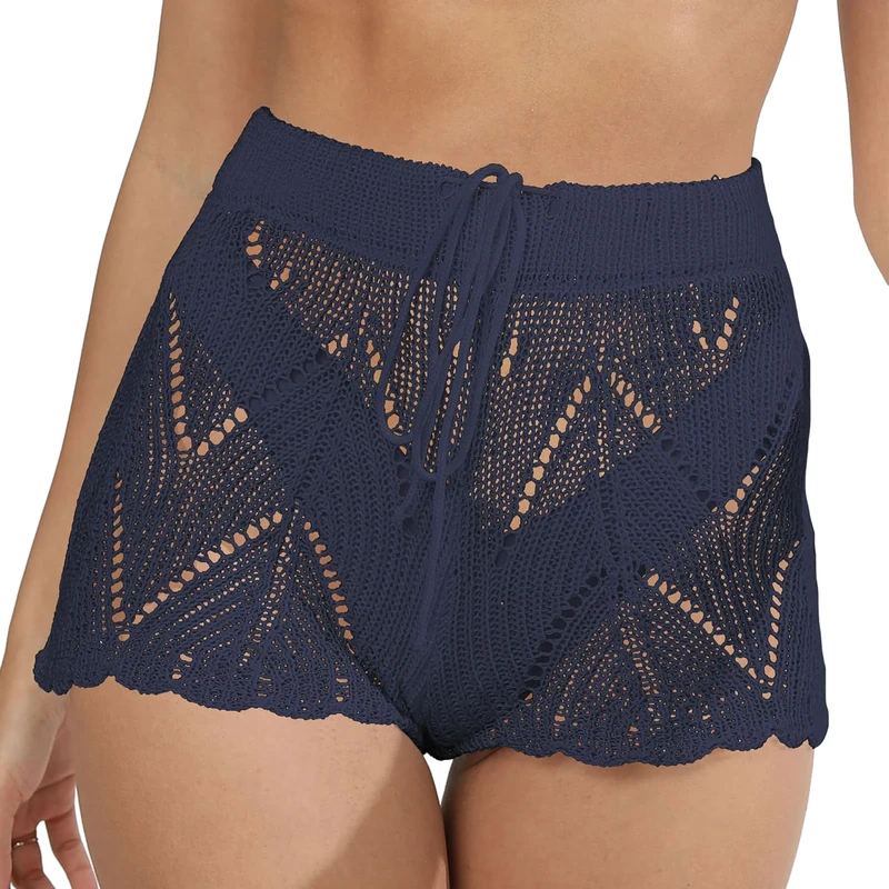 Women's Summer Knit Shorts Colourful Hollowed Shorts Solid Colour Crochet Knit Swim Shorts Elasticated Waist Drawstring Shorts Crochet Boho Hollow Knit Beach Bikini Cover Up Casual Shorts Blue
