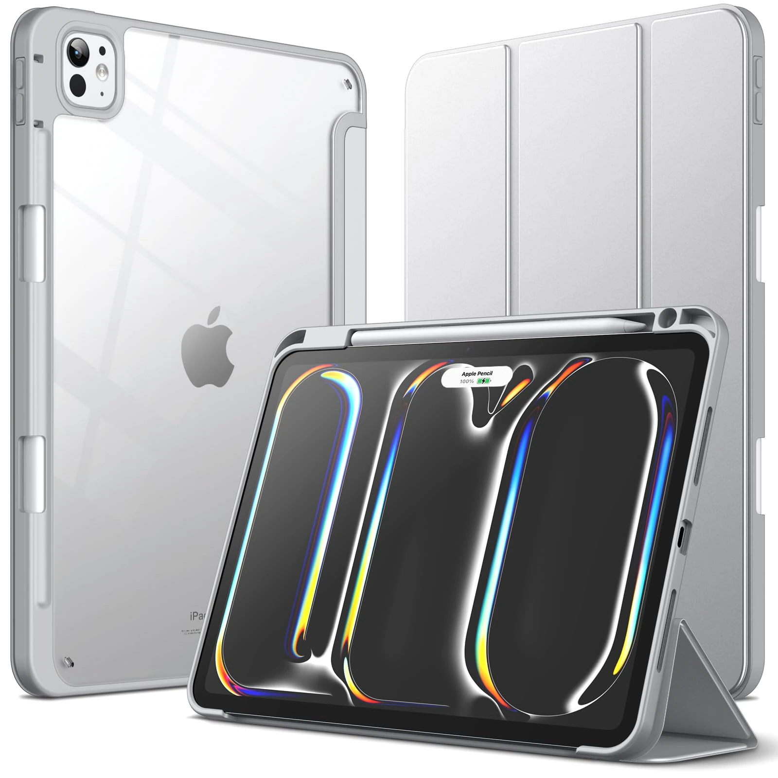 JETech Case for iPad Pro 11-Inch M5/M4 2025/2024 (6th/5th Generation) with Pencil Holder, Clear Transparent Back Shell Slim Stand Shockproof Tablet Cover, Auto Wake/Sleep (Silver)