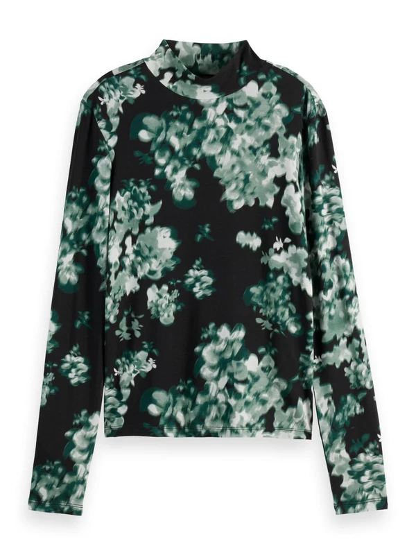 Scotch & Soda All Over Printed Mock Neck LS T-Shirt, Nieuw Blossom Print Park Green 353, XS - Image 1
