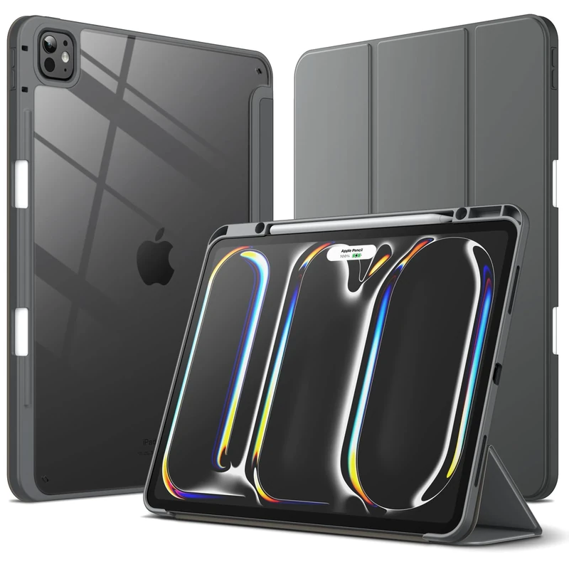 JETech Case for iPad Pro 13-Inch M5/M4 (2025/2024) with Pencil Holder, Clear Transparent Back Shell Slim Stand Shockproof Tablet Cover, Auto Wake/Sleep (Space Gray)