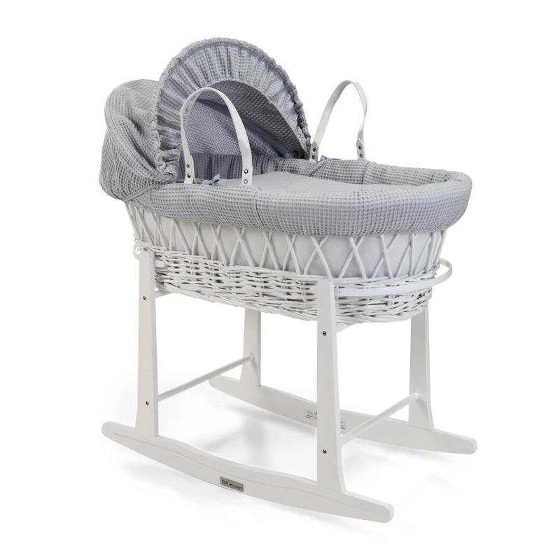 Clair de Lune Waffle White Wicker Moses Basket with White Standard Rocking Stand - 68 x 30 cm (Grey)