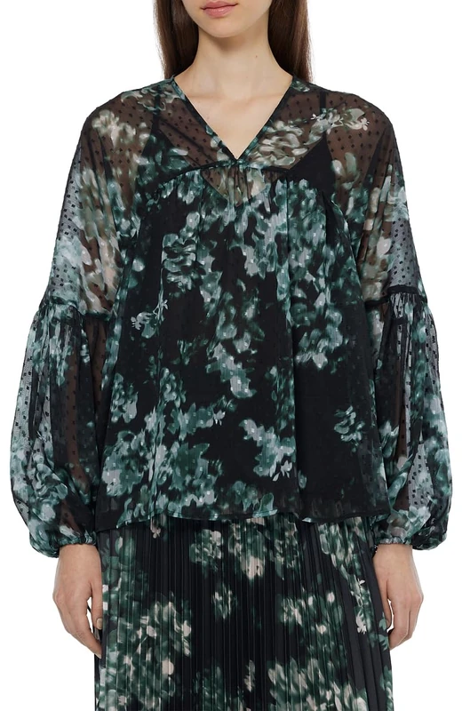 Scotch & Soda Women's Printed Fil Coupe Top T-Shirt, Nieuw Blossom Print Park Green, 14