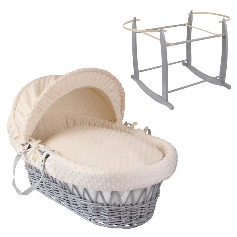 Clair de Lune Dimple Grey Wicker Moses Basket with Grey Deluxe Rocking Stand 68 x 30 cm (Cream) - Image 1