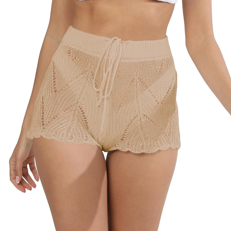 Women's Summer Knit Shorts Colourful Hollowed Shorts Solid Colour Crochet Knit Swim Shorts Elasticated Waist Drawstring Shorts Crochet Boho Hollow Knit Beach Bikini Cover Up Casual Shorts Khaki