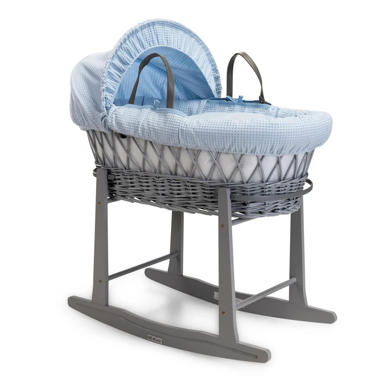 Clair de Lune Waffle Grey Wicker Moses Basket with Grey Standard Rocking Stand - 68 x 30 cm (Blue)