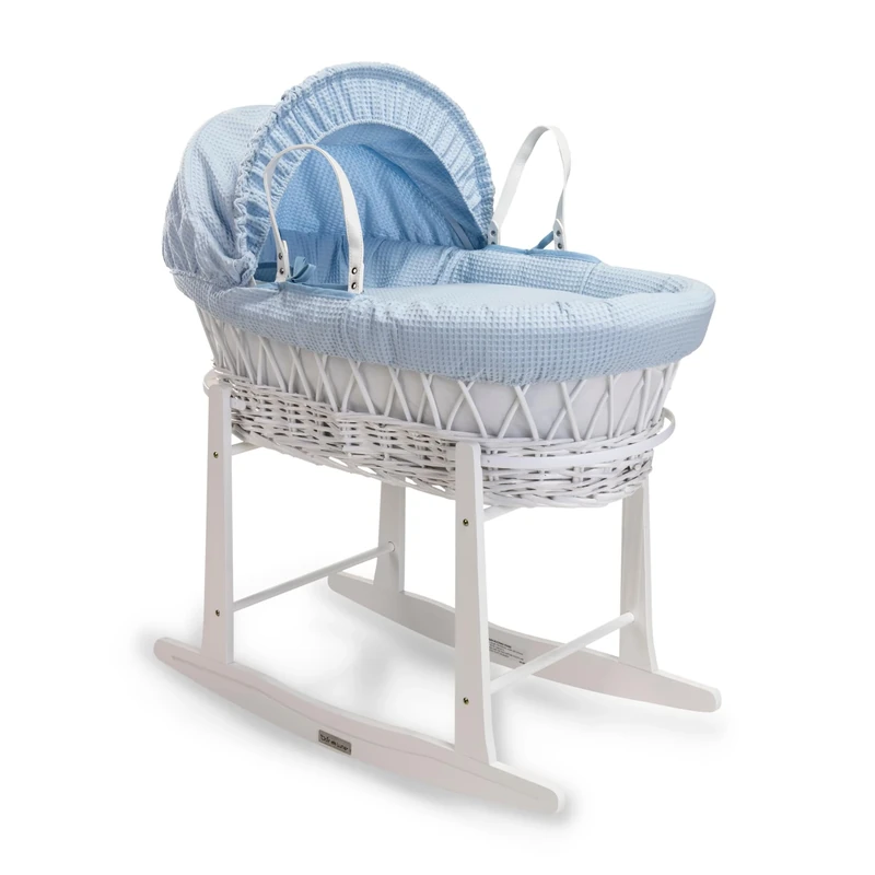 Clair de Lune Waffle White Wicker Moses Basket with White Standard Rocking Stand - 68 x 30 cm (Blue)