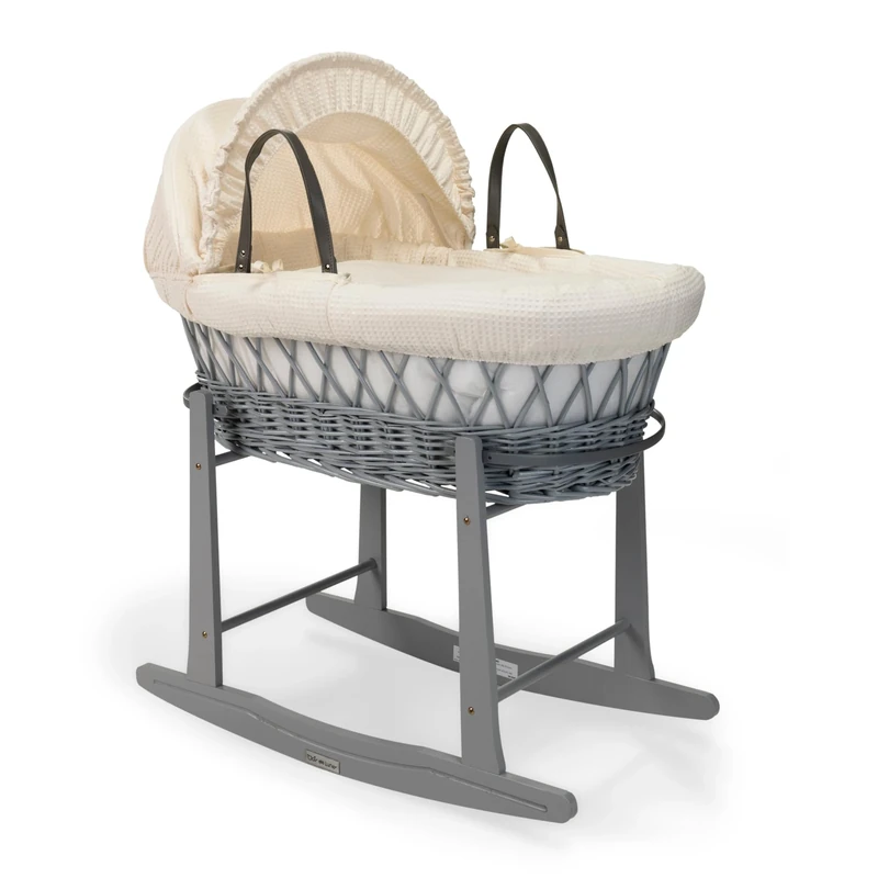 Clair de Lune Waffle Grey Wicker Moses Basket with Grey Standard Rocking Stand - 68 x 30 cm (Cream)