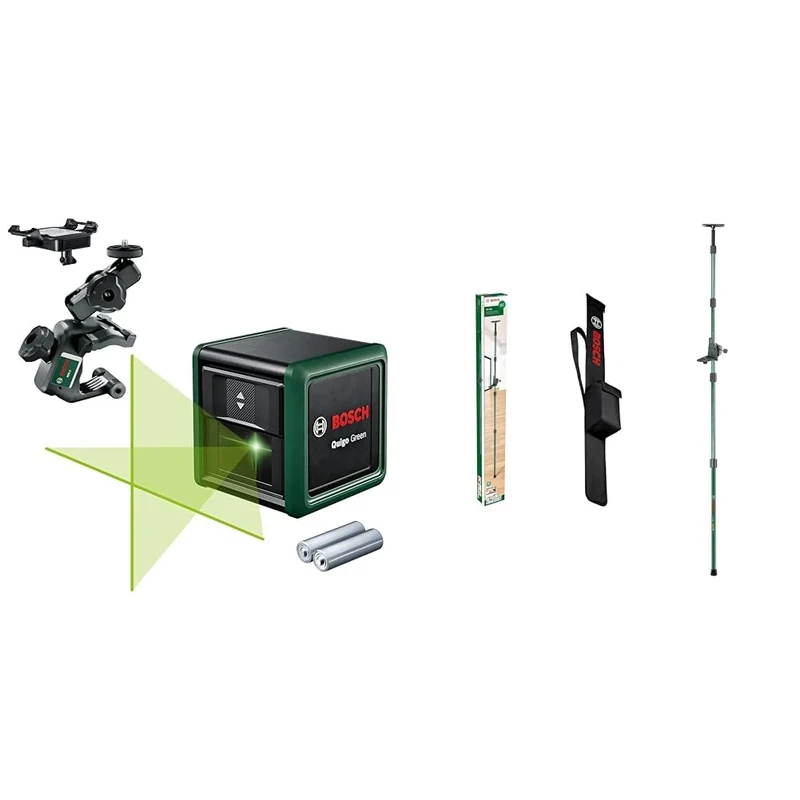Bosch Cross line Laser Quigo Green with Universal clamp MM 2 (Green Laser for Better Visibility, housing Made of Recycled Plastic) + Bosch Telescopic Rod TP 320 (Adjustable Height of 106-320 cm)