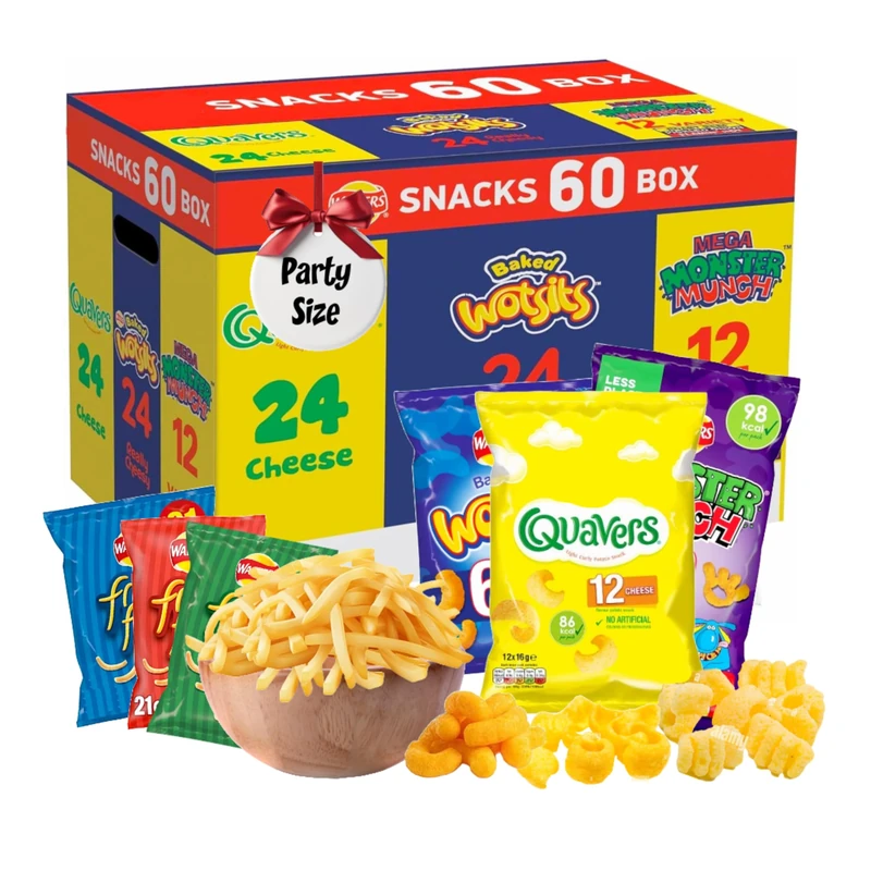 Assorted Flavour Crisps Multipack Box - Variety of 60 Crisps Snacks Box with EXTRA 3 x 18g French Fries Chips. Snacks Bulk Buy for Birthday Party Food, Pub Snacks, Movie Night, Camping