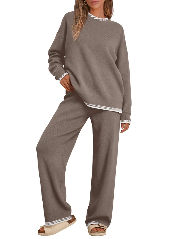 LILLUSORY 2 Piece Knit Lounge Sets For Women Matching Sets, Mocha, Medium