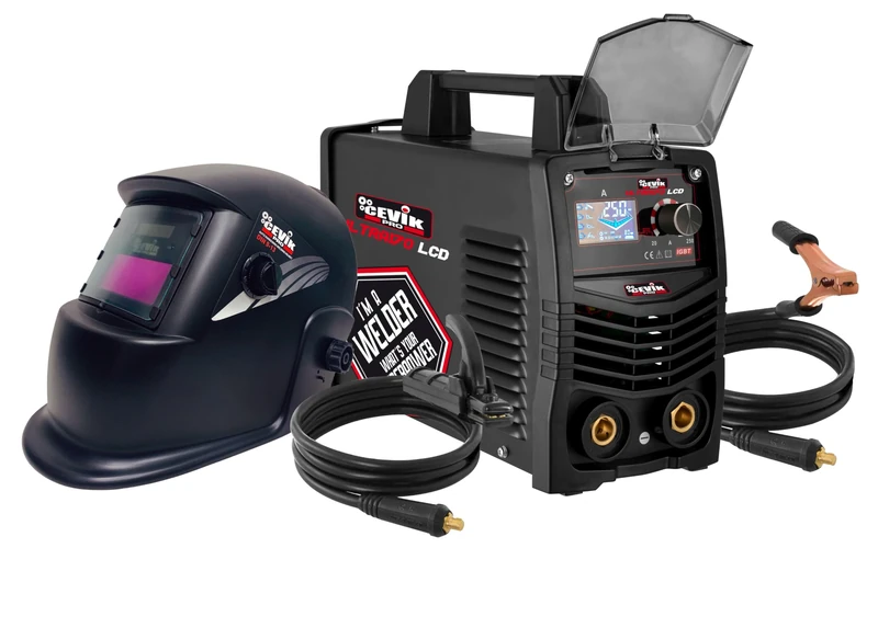 CEVIK PRO - CE-ULTRA170LCD - Soldador Inverter MMA and Máscara de Soldadura Pack - 20-170 Amp - IGBT Transitores - Conector DINSE50 - Electrodos Hasta 3.25 mm - Pantalla LCD - Conectable a Generador