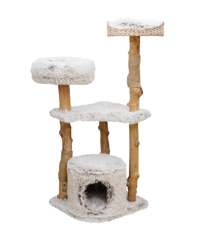Dehner Lieblinge Woody Cat Scratching Post Robust Climbing Tree for Cats Approx. 49 x 124 x 49 cm Plush/Chipboard/Jute/Wood, Beige/White
