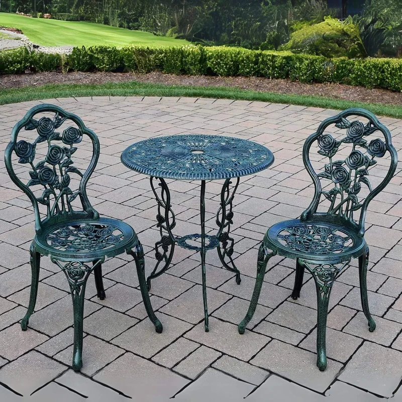 Home Source Rose Garden Patio Outdoor Bistro Set Table and 2 Chairs Metal Garden Furniture, Green