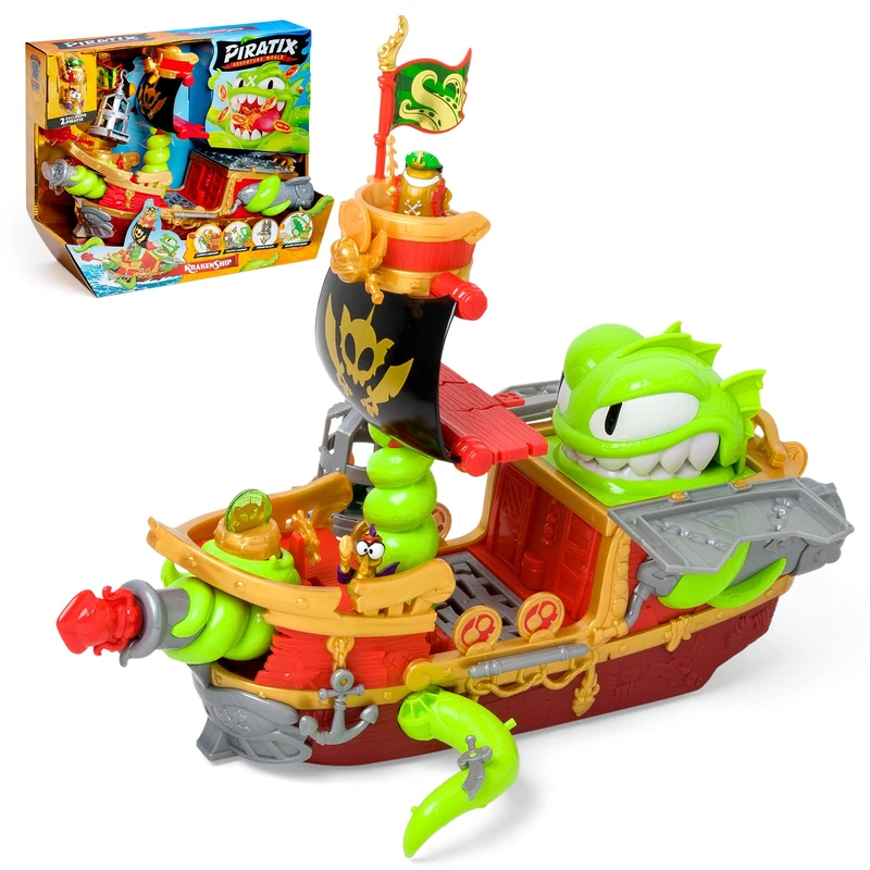 PIRATIX Kraken Ship–Piratix Pirate Ship.Contains 1 Kraken Ship,2 Piratix & exclusive accessories,1 cannon shell,1 exclusive treasure,6 golden treasures,1 exclusive flag,1 sword,1 anchor and 1 prison