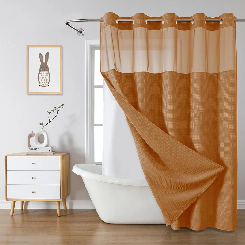 eachope BurntOrange Extra Long No Hook Waffle Weave Shower Curtain with snap-in Liner Replacement, 230GSM Waterproof Fabric Hotel Shower Curtain Set for Bathroom, Through Mesh Top Window,71Wx86H