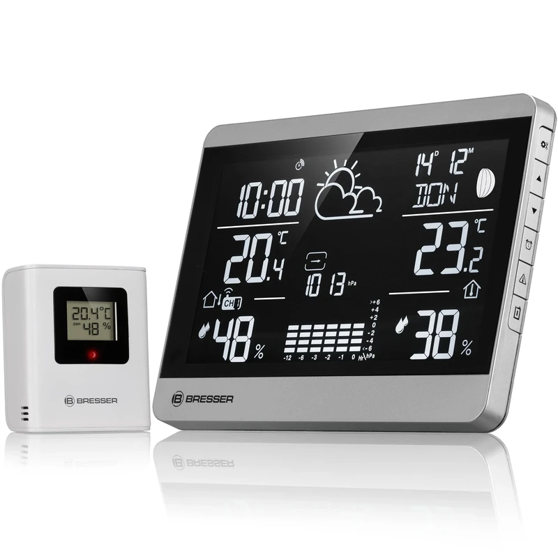 Bresser ClimateTemp NDH-NEO Wireless Weather Station with Outdoor Sensor, Temperature and Humidity Display, Weather Forecast, Frost Warning, Landscape Format, Silver/Black