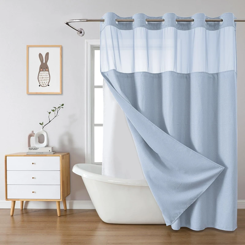 eachope FrostBlue Extra Long No Hook Waffle Weave Shower Curtain with snap-in Liner Replacement, 230GSM Waterproof Fabric Hotel Shower Curtain Set for Bathroom, Through Mesh Top Window,71Wx86H