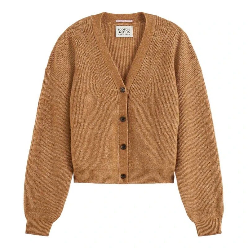 Scotch & Soda Women's Fuzzy Relaxed-Fit Cardigan Sweater, Tobacco Melange, M