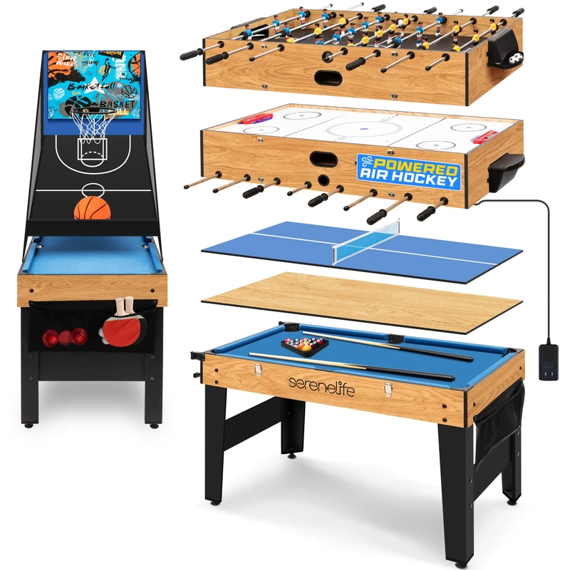 SereneLife Air Hockey 122cm 6-in-1 Multi Game Table, Indoor Outdoor Arcade Sports Table with Pool, Foosball, Basketball, Table Tennis, Dining Surface, Includes Pucks and Paddles