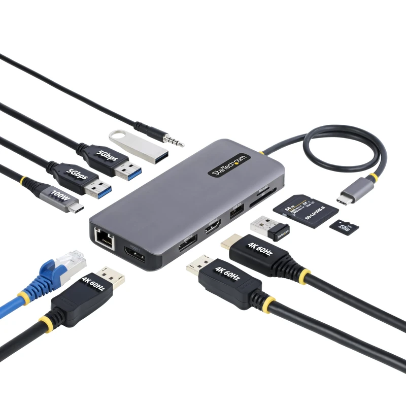 StarTech.com USB-C Triple-Monitor Multiport Adapter, Dual 4K 60Hz + 4K 30Hz HDMI & DP, 4x USB-A, 100W PD Pass-Through, GbE, SD Card Reader