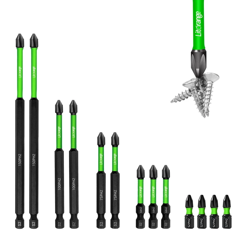 Litorange 13-Piece PH2 Magnetic Impact Driver Bits -S2 Steel 150mm-25mm