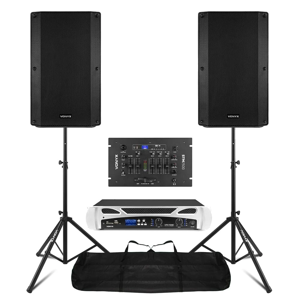 VONYX DJ Amplifier and Speaker Package with STM2500 Mixing Desk, Mobile Powered Setup, 1000W Passive Speakers, 500W Stereo Amp, Bluetooth, Stands Included