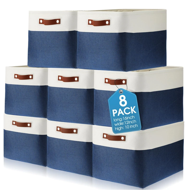Uiifan 8 Pack 16 x 12 x 10 Inch Large Storage Baskets Collapsible Fabric Storage Cubes Bins with Handles for Shelves Closets Nursery Home Clothes Toys Organizers, Blue