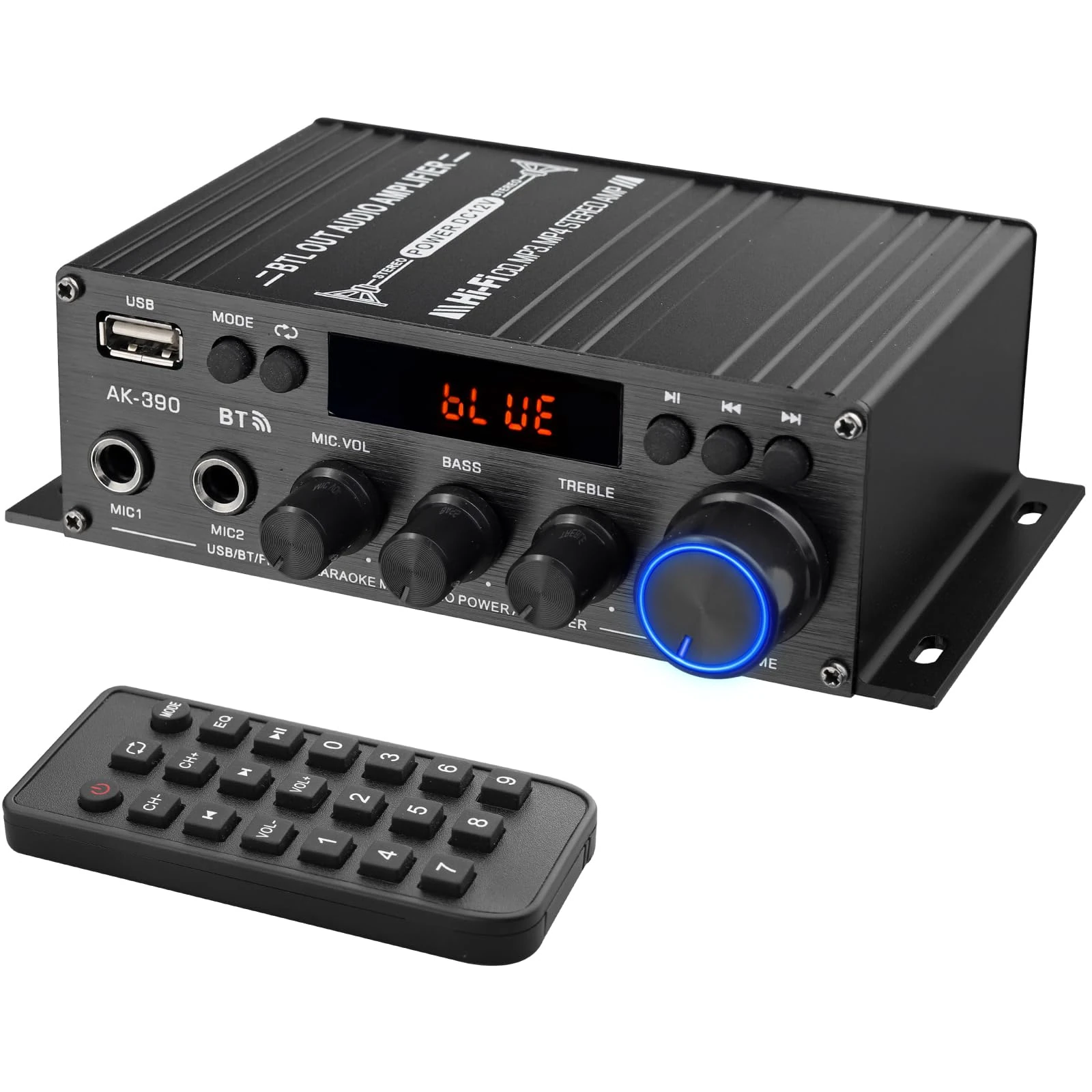 LiNKFOR Bluetooth Stereo Power Amplifier 40W+40W with LCD Display, Hi-Fi Audio Amplifier with Bass & Treble Control, AUX/USB/RCA/MIC Input for Karaoke Home Garage, with Remote & 12V Power Supply