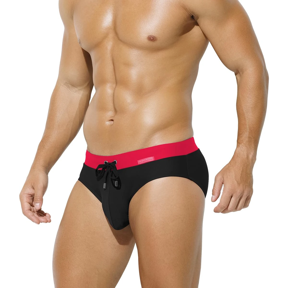 Mauro Kane Men's Tan-Through Swim Briefs Swimsuits Board Surf Bikini Bottom Swimwear with Drawstrings,Black,L